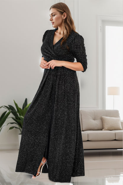 Glitzerndes langes Abendkleid mit zweireihigem Kragen in Übergröße - NELB1000D9740BLK