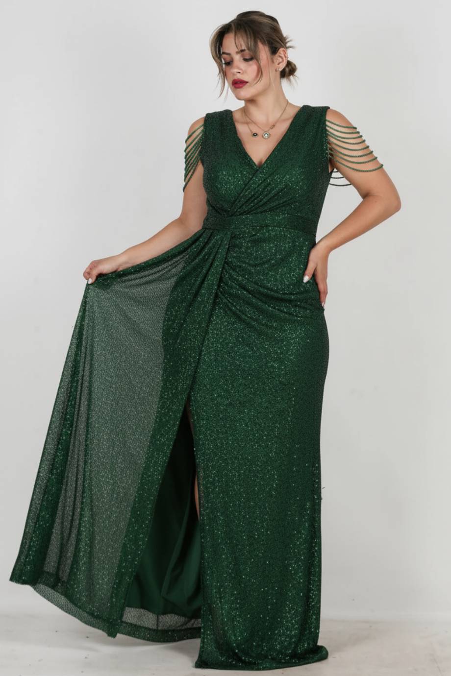 Robe Longue À Sequins Avec Chaîne Épaule, Grande Taille — Vert